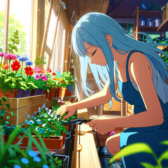 Young Woman Tending Flowers in a Sunlit Greenhouse
