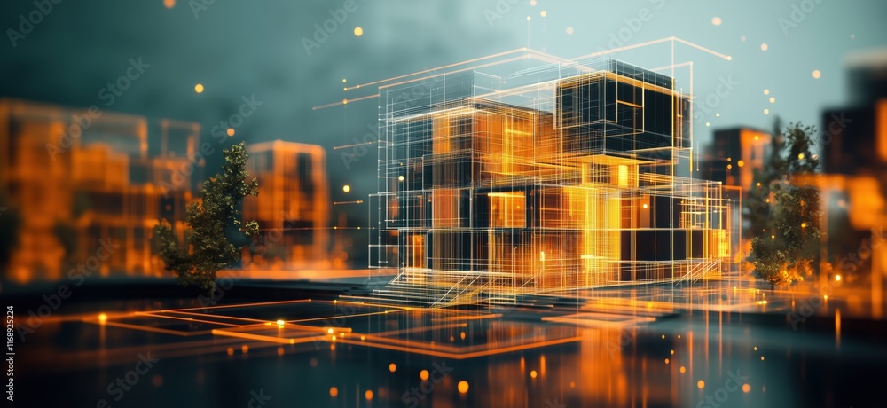 Poster futuristic architectural design visualization with glowing outlines and digital elements, showcasing