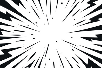 Black comic style lightning explosion background. Radial speed lines backdrop