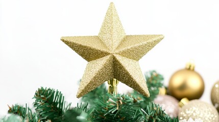 Shining gold star atop christmas tree, festive holiday decoration gold