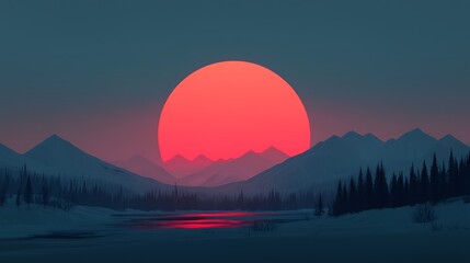 Red sunset over snow-capped mountains and frozen lake.