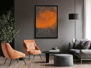 Abstract orange and gray artwork adorns a modern living room
