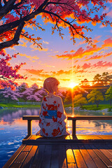 Woman in Kimono Admiring Serene Sunset by Tranquil Lake and Cherry Blossoms