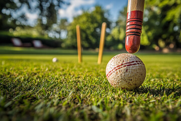A high-definition capture of a croquet mallet striking a ball, with the lush green lawn and wickets in view