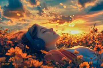 A girl lies in a field of flowers, wearing headphones and listening to music with her eyes closed, enjoying nature's beauty