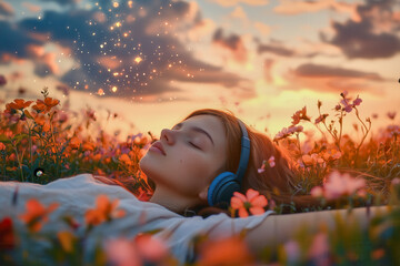 A girl lies in a field of flowers, wearing headphones and listening to music with her eyes closed, enjoying nature's beauty