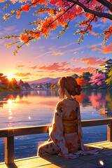 Serene Reflection by a Sunset Lake Amid Blossoming Cherry Trees