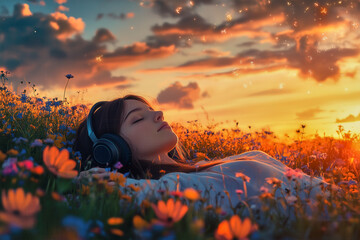A girl lies in a field of flowers, wearing headphones and listening to music with her eyes closed, enjoying nature's beauty