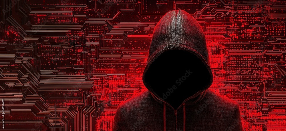 Poster mysterious hacker figure cloaked in shadows against a backdrop of digital circuitry and red tones, s