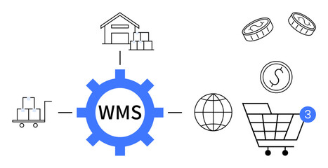 Central WMS icon with connections to warehouse, pallet, globe, shopping cart, and currency icons. Ideal for logistics, supply chain, inventory management, e-commerce global trade retail
