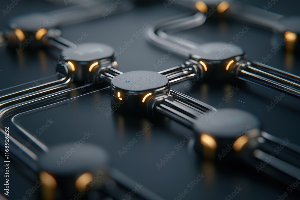 Poster futuristic circuit design with glowing components and metallic connections