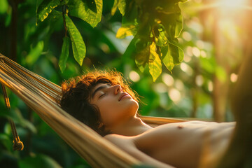 A person relaxing in the shade of trees lying on a hammock with a serene expression enjoying the warm sunlight and peaceful atmosphere of nature