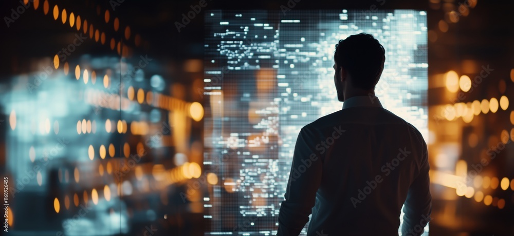 Poster data visualization and analysis in modern technology environment, man observing digital interface wi