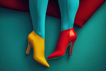 Close-up of legs in red and yellow high heels, turquoise tights, lying side by side against a dark background, minimalist design. High fashion, design, colour art