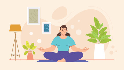 A peaceful design showing an individual meditating in a lush, natural environment, promoting inner peace and mindfulness.