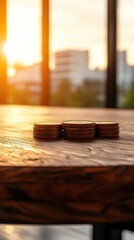 A close-up of stacked coins on a rustic table, illuminated by a warm sunset, creating a serene atmosphere.