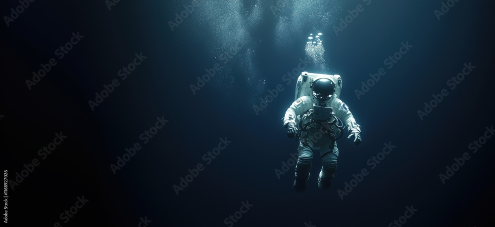 Poster astronaut exploring deep ocean depths, illuminated by bubbles and ambient light, showcasing the cont