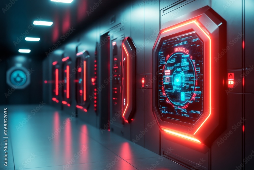 Poster a 3d-rendered jail cell with a glowing keypad lock and a holographic display showing prisoner detail