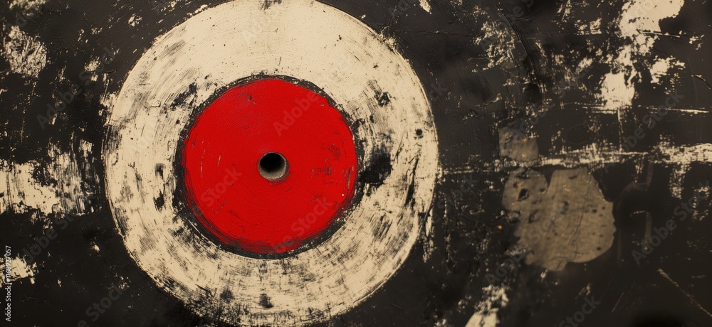 Poster target with red center and white ring on black background, abstract art, focus on circular patterns 