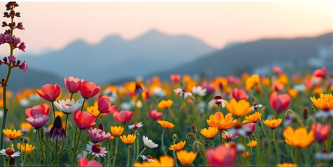 Fototapeta premium A flower meadow in mountains with the foreground sharp wildflower and a flower meadow behind that remains blurred.