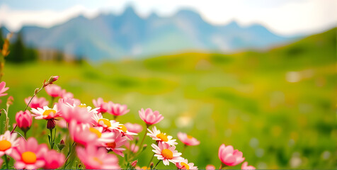 Obraz premium A flower meadow in mountains with the foreground sharp wildflower and a flower meadow behind that remains blurred.