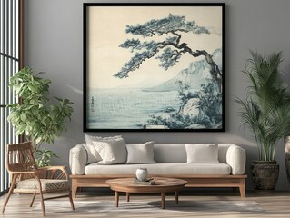Tranquil Asian Inspired Living Room Decor Featuring a Scenic Painting