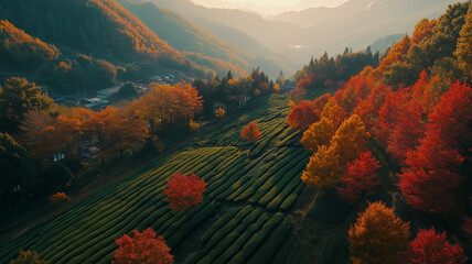 紅葉の山々と緑豊かな茶畑が織りなす日本の秋景色、早朝の柔らかな光の空撮