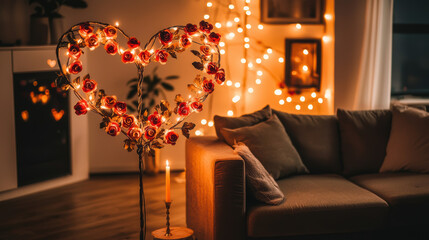 romantic Valentine Day themed living room with heart shaped decor, soft lighting, and cozy seating creates warm atmosphere