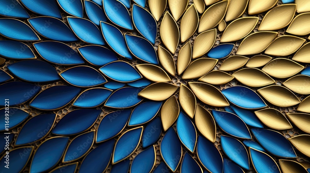 Poster mosaic abstract background idea. colorful abstract pattern of blue and gold leaves in a unique symme