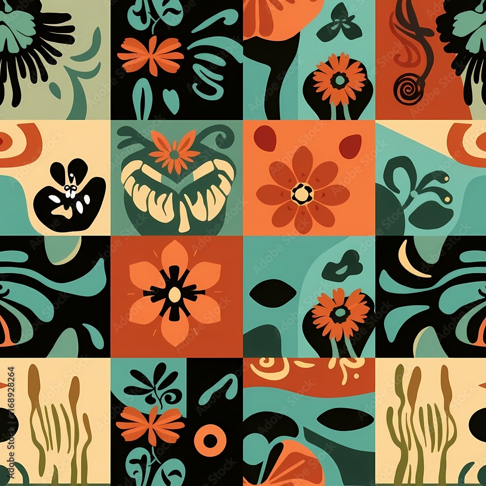 Poster floral patchwork: a vibrant seamless pattern of colorful flowers and abstract shapes in a patchwork 