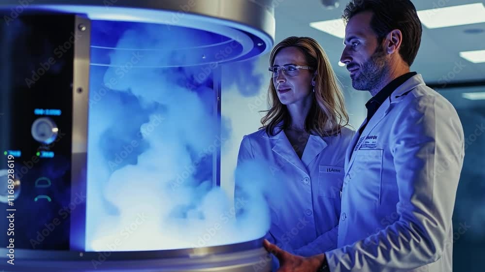 Aufkleber Two scientists examine a futuristic device filled with vapor, showcasing advanced cryogenic technology. The setting is a high-tech laboratory with soft blue lighting, emphasizing innovation.