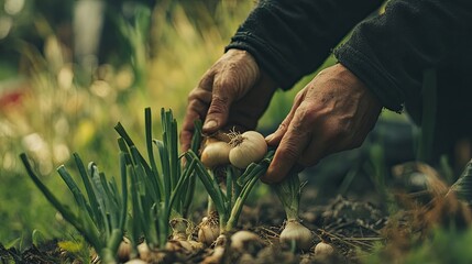 Fototapeta premium Farmer harvesting onions in garden, outdoor sunlight.