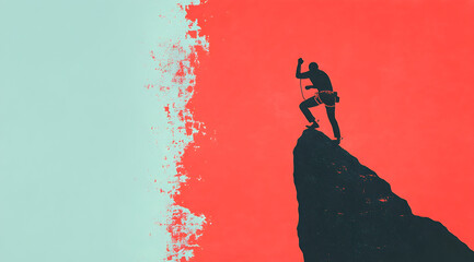 A silhouetted climber stands triumphantly on a rock against a vibrant red background, symbolizing achievement and adventure.