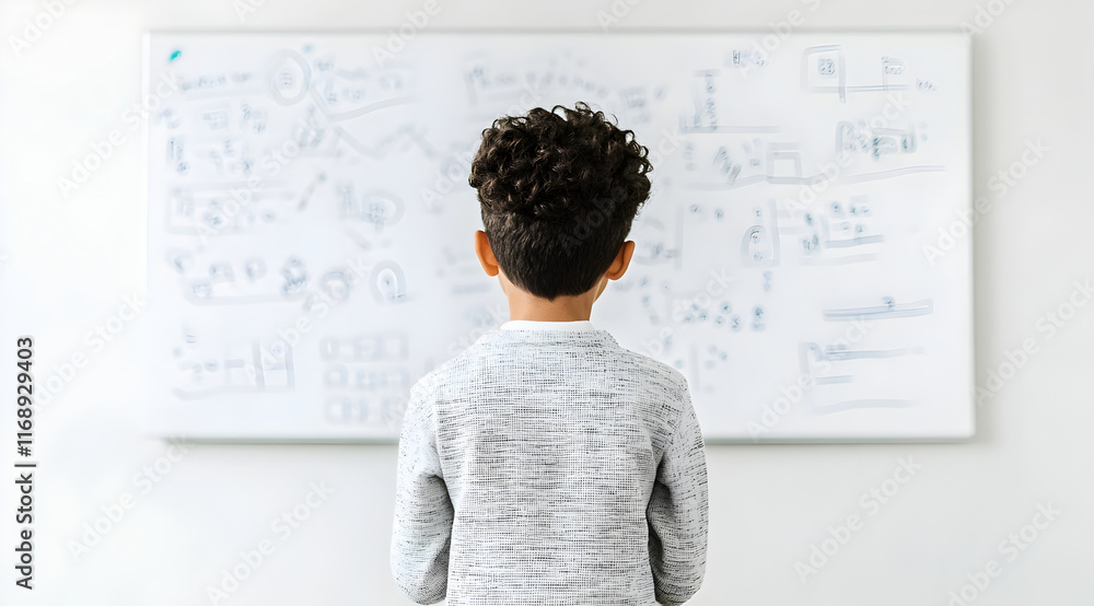 Poster a child stands in front of a whiteboard covered with various drawings and notes, appearing deep in t