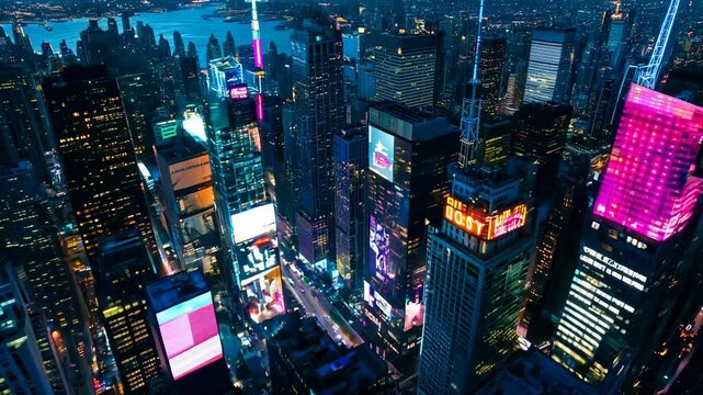 Aerial View of A Big City at Night: A Dazzling Display of Lights, Billboards, and Skyscrapers