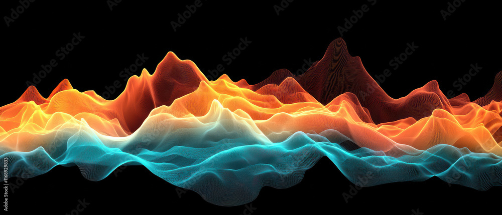 Poster glowing wave like gradient with transitions from deep orange to turquoise, creating mesmerizing visu