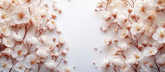 Delicate white blossoms frame a clean white background, creating a romantic, spring-like design.