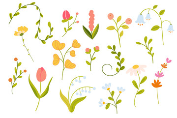 Minimalistic spring florals vector illustration set. Simple flowers, leaves, brunches, plants