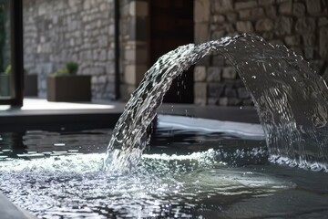 Stream of water arching into a pool with stone wall and blurred background. Natural outdoor fountain concept.