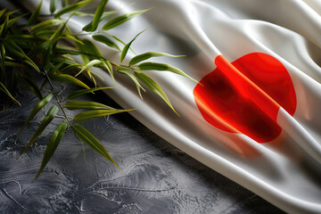 Silk white texture of Japanese flag in a minimalist top view design, symbolizing National Foundation Day and cultural heritage..Flat lay, top view. Copy space.