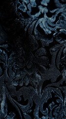 Elegant navy blue textured fabric showcasing intricate floral patterns in soft light