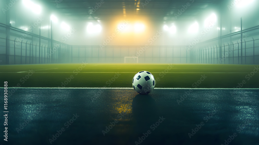 Poster a soft haze envelops the indoor soccer field adding to the intensity of the game.
