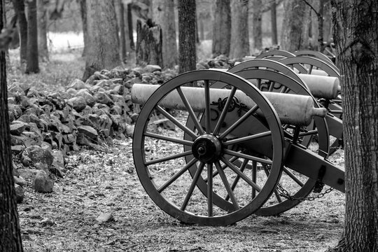 Cannons standing along Seminary Ridge at Gettysburg, a pivotal site in the American Civil War, captured in a serene landscape.