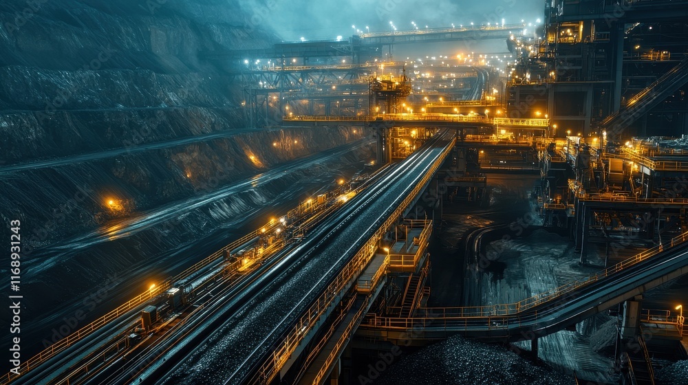 Poster night view of an open-pit coal mine, showing the vast scale of mining operations and infrastructure.