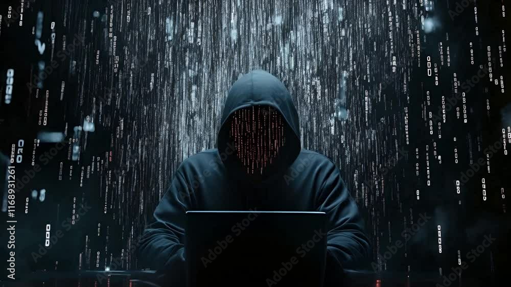 Poster hacker wearing a dark blue hoodie and black face typing in front of laptop with digital code lines o