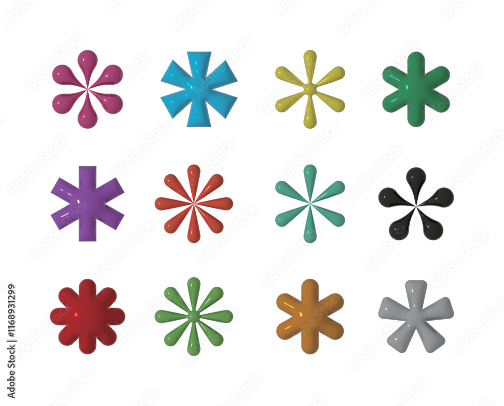 Poster a set of illustrations featuring geometric and abstract shapes in glossy textures and three-dimensio