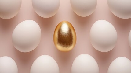 Golden egg stands out among white eggs on soft pink background