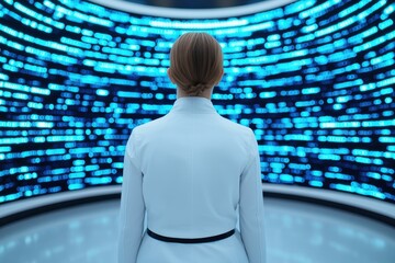 A person in a white coat stands before a blue digital interface.