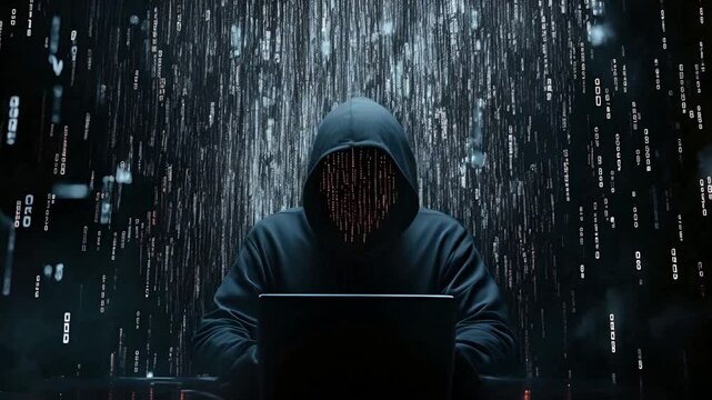 hacker wearing a dark blue hoodie and black face typing in front of laptop with digital code lines on his face, digital code and digital numbers on a black background,generative ai