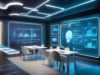 A futuristic classroom with holographic teaching tools. A tranquil, minimalist design emphasizes the focus on technological innovation.Walls are embedded with glowing algorithms and real-time language